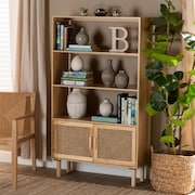 Baxton Studio Faulkner Mid-Century Natural Brown Finished Wood and Rattan 2-Door Bookcase 199-12318-ZORO